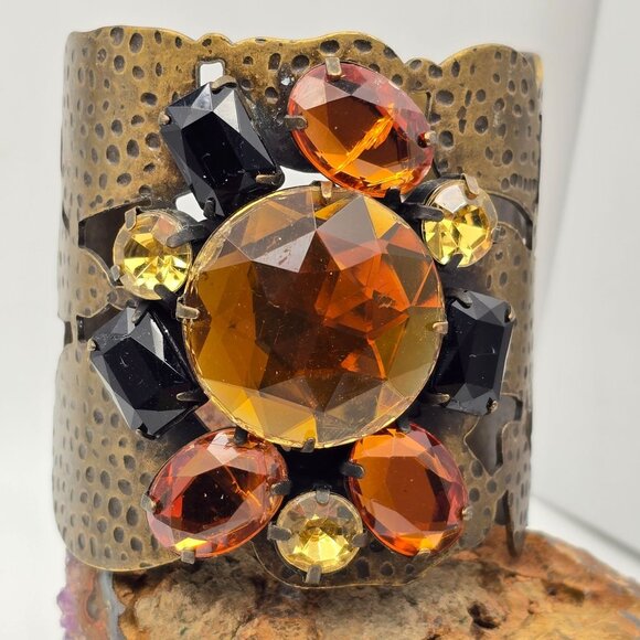 Lot of 4 Statement Cuff Bracelets Brass Glass Beads Openwork & Crystal Designs - Picture 6 of 12